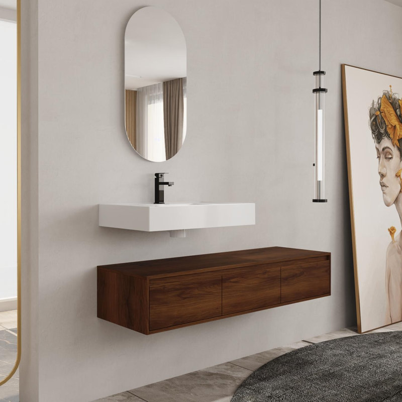 Meuble-lavabo mural de 60 po avec lavabo en résine, tiroir à fermeture en douceur et fixation flottante