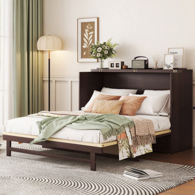 Murphy Bed, Pine Wood Cabinet Bed With Rattan Decoration And Storage Drawer
