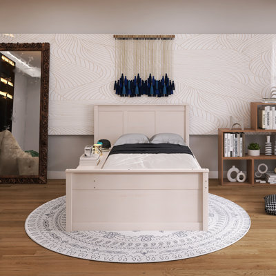 Wood Frame Twin Size Platform Bed with Pull Out Trundle and Storage Shelves