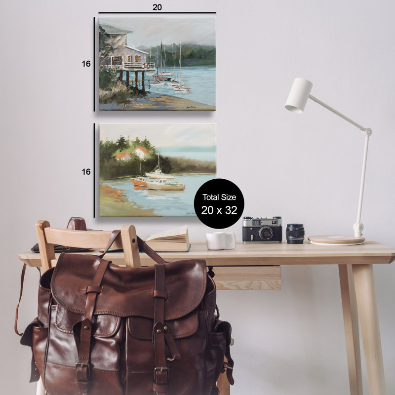 «Boat Lakeshore Landscape», ensemble de 2 toiles murales par Jane Slivka, H 16 po x l 20 po