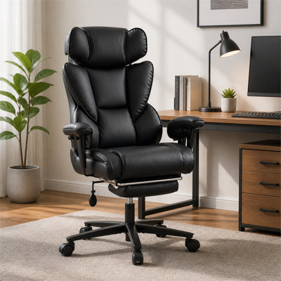 High-back home gaming and office recliner featuring supple, skin-friendly black genuine leather, an adjustable headrest, lumbar support, and a retractable footrest.