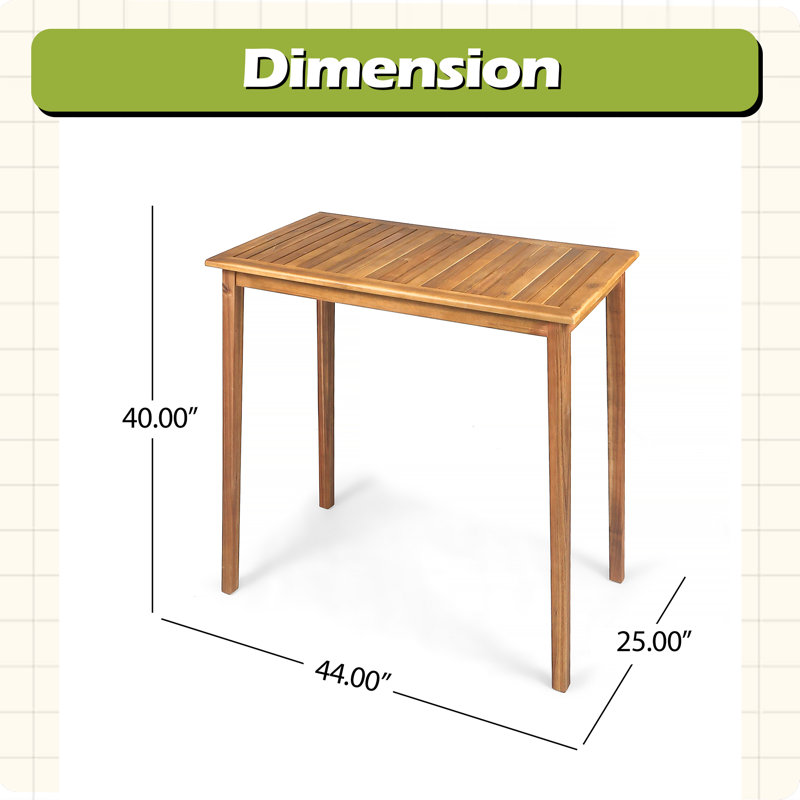 Outdoor Minimalist Acacia Wood Rectangle Bar Table, Teak