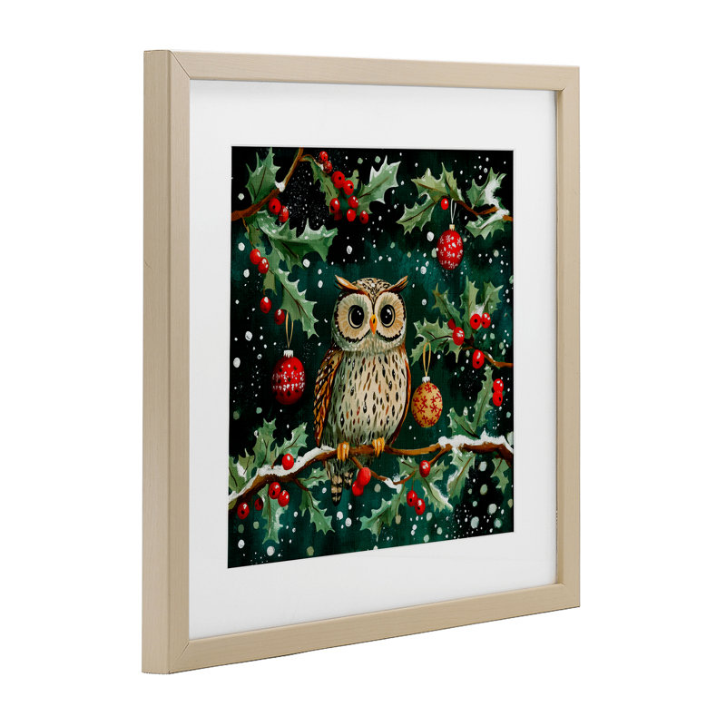 Hibou d'hiver avec une douce chute de neige, reproduction encadrée sous verre, design par Yen, Cadre de récolte en pin