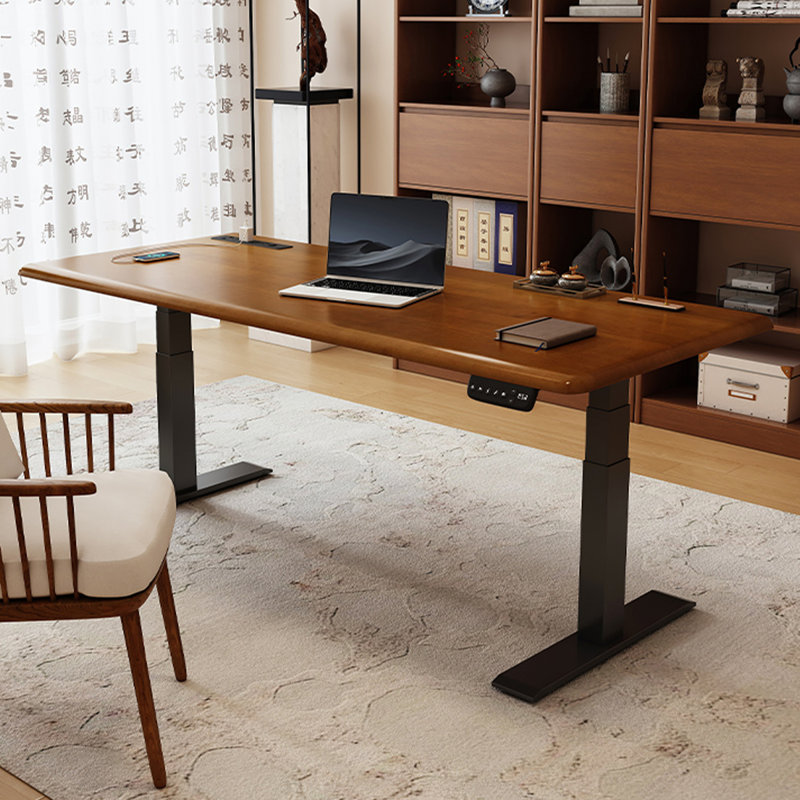Nut-brown + Black Rectangular Hight adjustable Solid Wood + Steel desk, 49.21" H x 62.99" W x 27.56" D