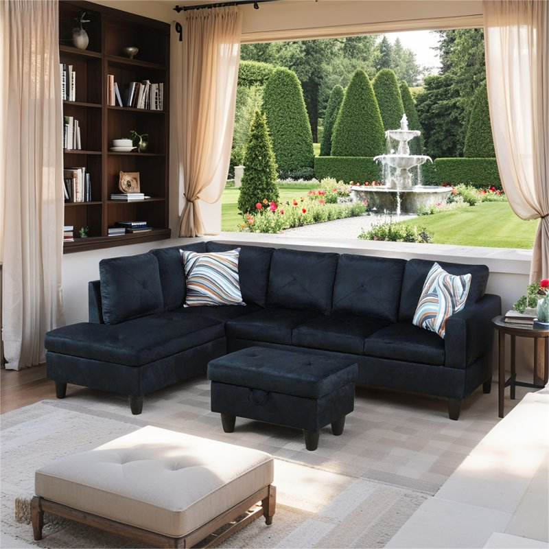  97 in Flared Arm Microfiber Reversible Split L-Shaped 3-Piece Sectional Sofa with Right-Facing Chaise Storage Ottoman for Small Spaces in Midnight Blue