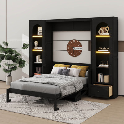 Grand lit escamotable grand format avec armoires de rangement, tiroirs, éclairage DEL et tablettes