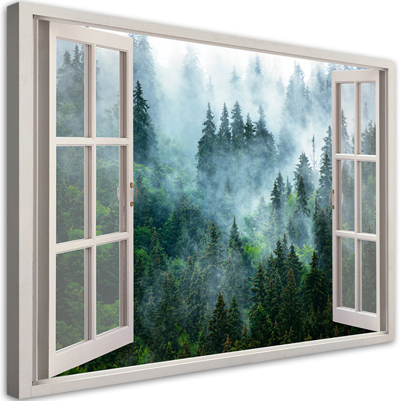 Window View Of A Forest In The Fog - No Frame Print on Canvas, 80cm H x 120cm W