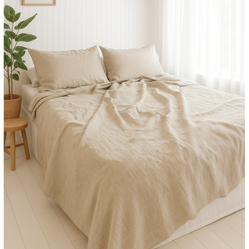 Ensemble de draps 80% Tencel 20% lin français 4 pièces de couleur blanche et beige, Beige