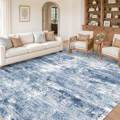 Washable Abstract Area Rug - Rugs for Living Room Large Non Slip Indoor Entryway Rubber Backing Carpet Bedroom Kitchen Distressed Stain Resistant Floor Decor Mat Machine Washable Blue