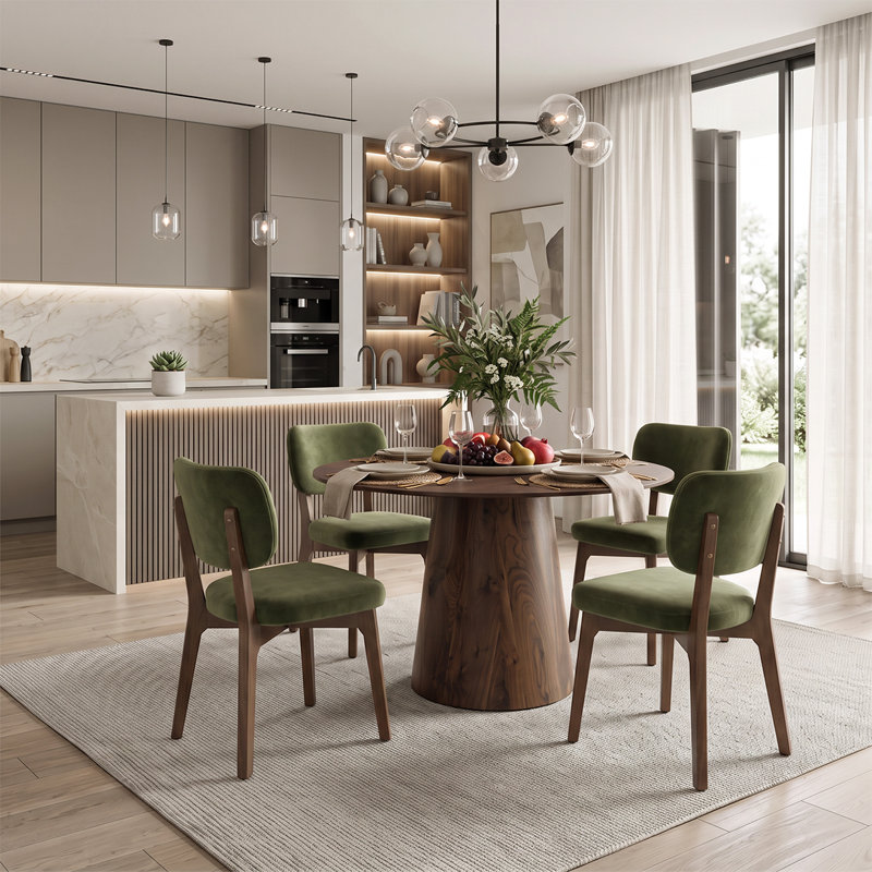 Ensemble de table de salle à manger ronde sur pied central avec chaises en bois massif recouvertes de velours, Green