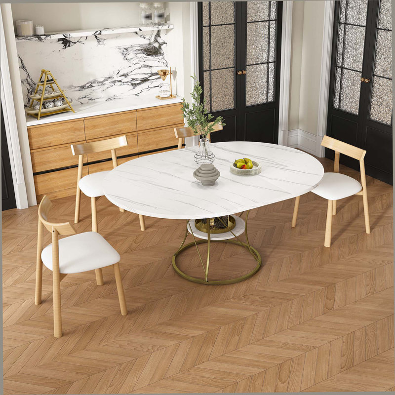 Ensemble de table de salle à manger extensible de 43 pouces pour 4 à 6 personnes avec 4 chaises en bois massif, table à rallonge manuelle sans rail avec placage en marbre et base en métal doré, table de ferme extensible de 43 à 59 pouces