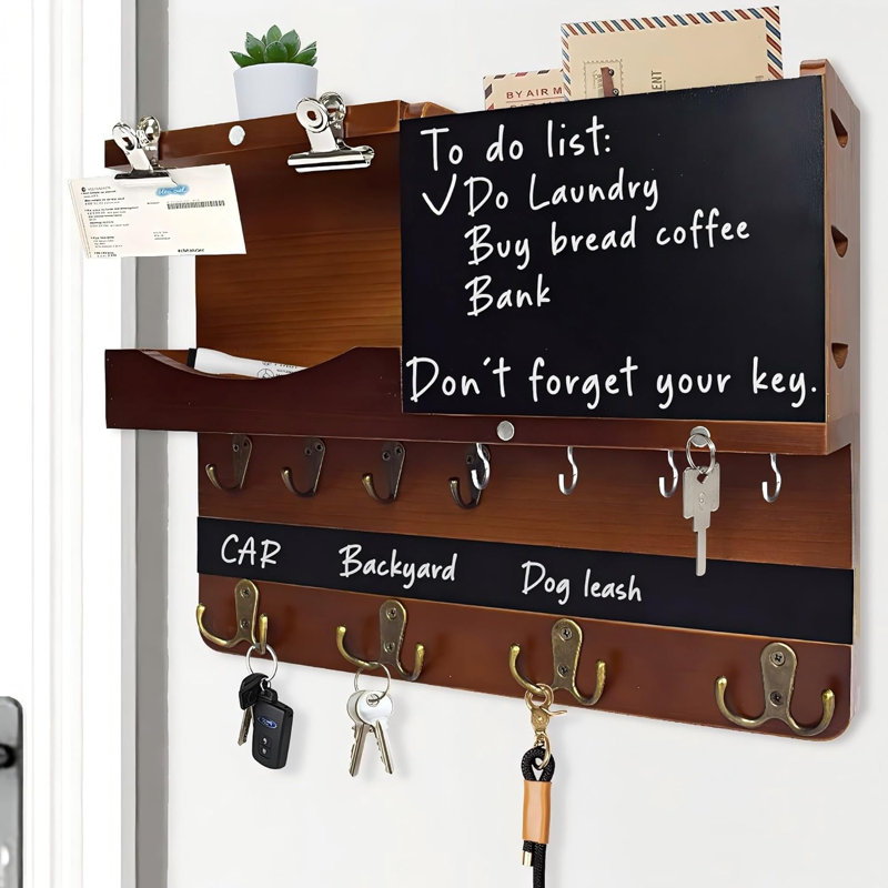 Brown Pine Wood Wall Mounted Key and Mail Holder with Chalkboard