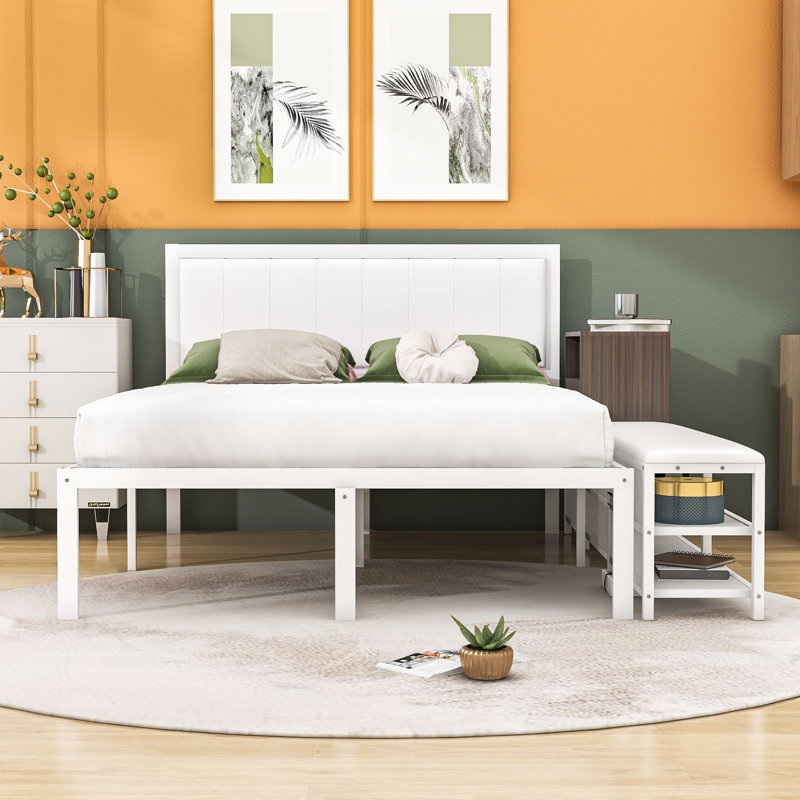Lit plateforme en métal avec rangement et tête de lit, Complète, Blanc