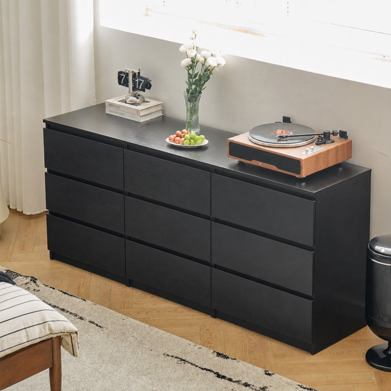 63" Black 9 Drawer Dresser With Wood Grain Finish, Soft Closing Metal Slides, Mid Century Wood Dresser For Bedroom