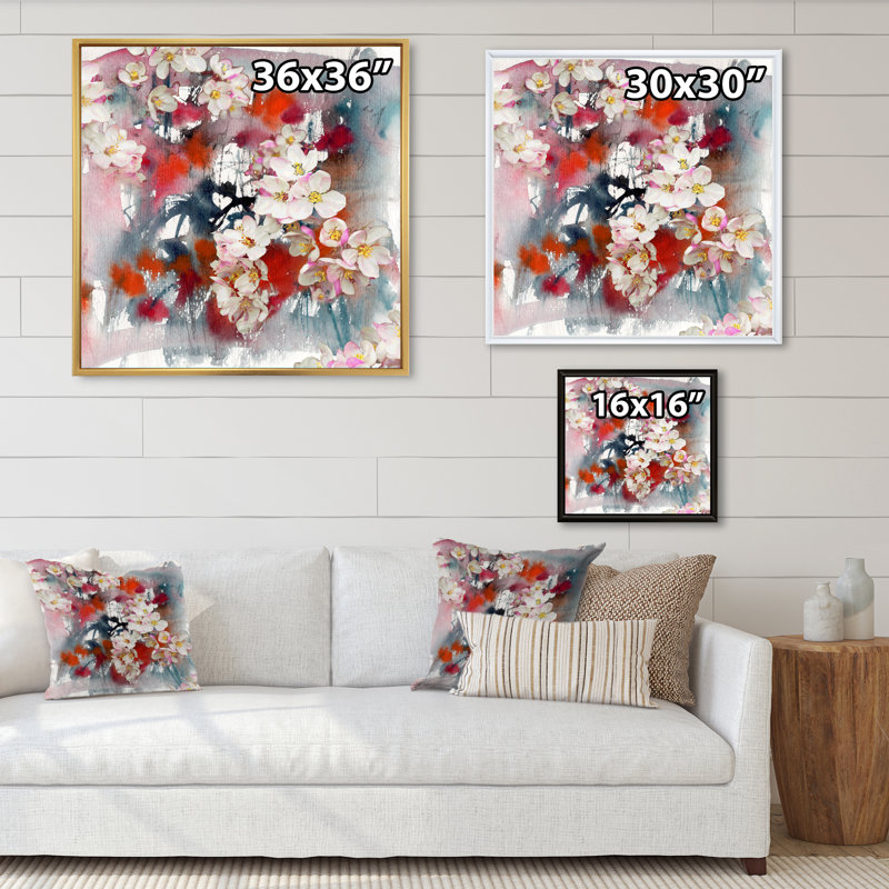 Pommier en fleurs - décoration murale traditionnelle sur toile, H 30 po x l 30 po x P 1 po, Toile avec cadre flottant or