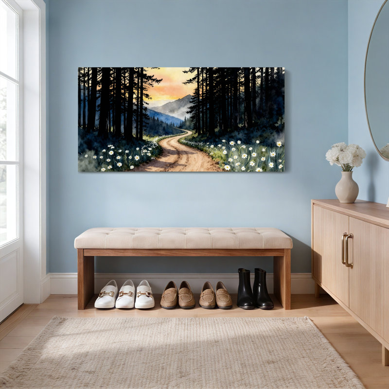 Chemin forestier avec marguerites et montagnes, reproduction d'art sur toile tendue sur toile, ensemble de 1