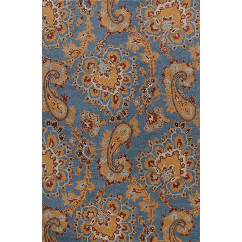 Tapis bleu / doré en laine touffetée à la main Ftenelle