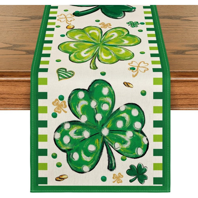 Four Leaf Clover Shamrocks Table Runner, St. Patrick’S Day Lucky Stripes Kitchen And Dining Decor