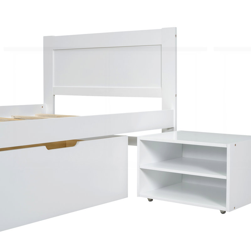 Lit plateforme avec tiroir et deux tablettes, Blanc antique