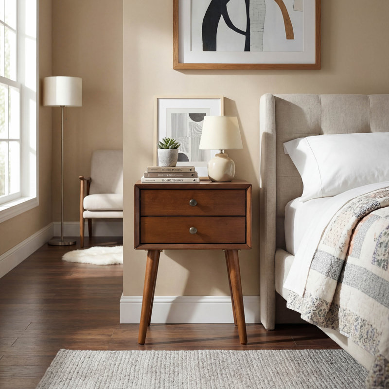 Walnut 2-Drawer Nightstand Small Side End Table with Storage for Bedroom Living Room or Entryway, Brown