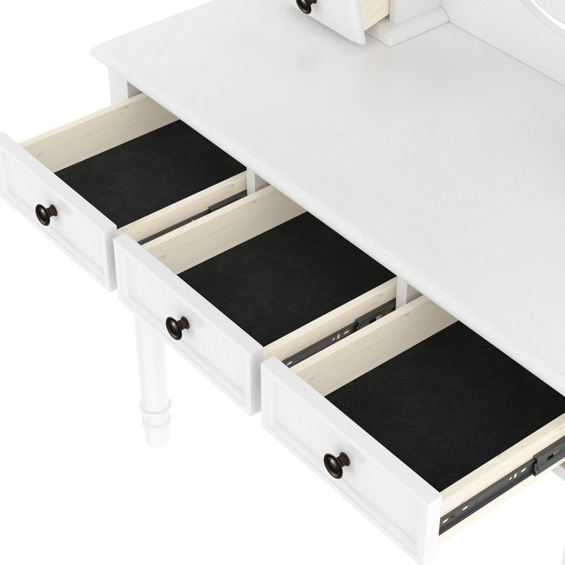 Meuble-lavabo blanc avec miroir réglable, 5 tiroirs de rangement et tabouret confortable, table de maquillage en bois de style rétro avec velours ovale - Bois massif assorti doublé