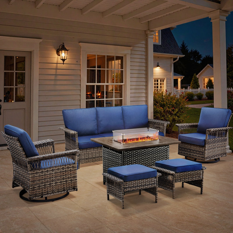 Anferney 6-Piece Outdoor Patio Sofa Conversation Set With Fire Pit Table, Blue