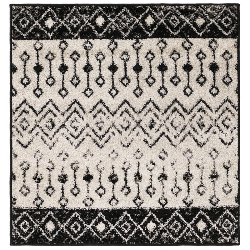 Tapis noir / blanc en polypropylène tissé à la machine Briehn, Carré 3 pi 3 po