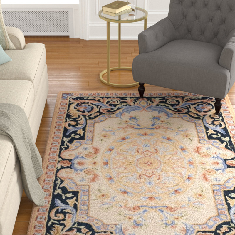 Tapis ivoire / bleu marine en laine touffeté à la main Priscila, Rectangle 9 pi x 12 pi