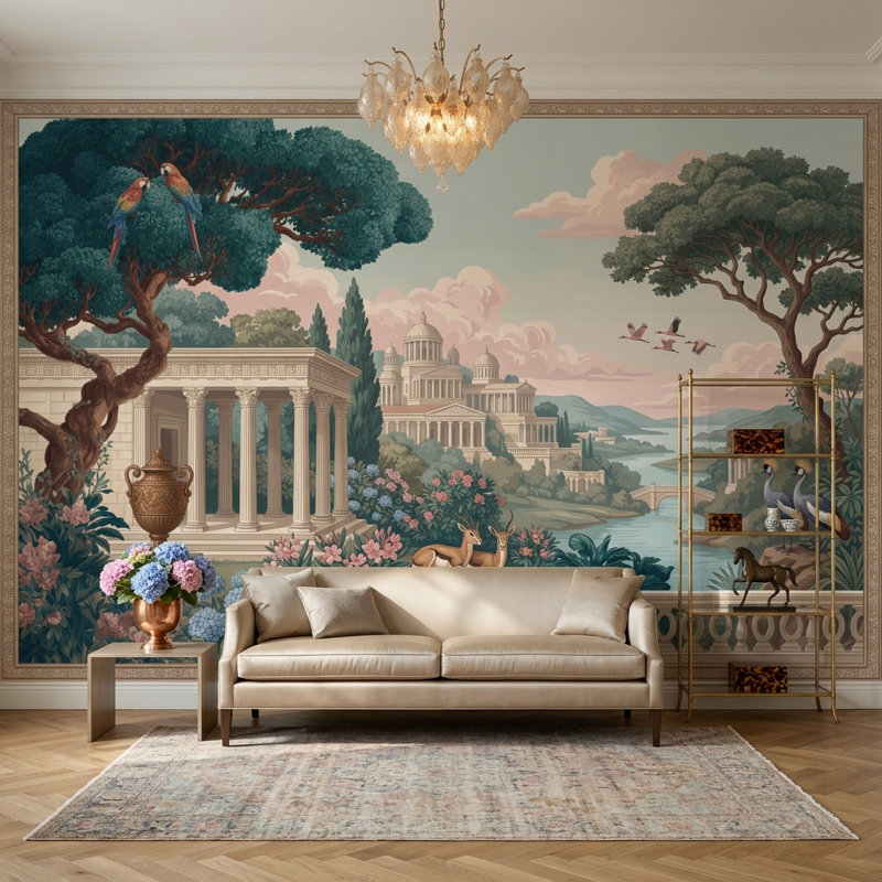 Papier peint classique paysage méditerranéen décoratif néoclassique, 160 po x 108 po, Peler et coller