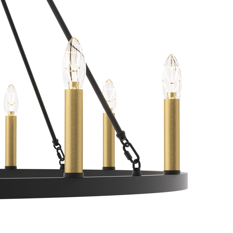 Beck 12 - Light Living Room Steel Dimmable Candle Style Wagon Wheel Chandelier UL Certified, Muted Brass/Brass Glitter