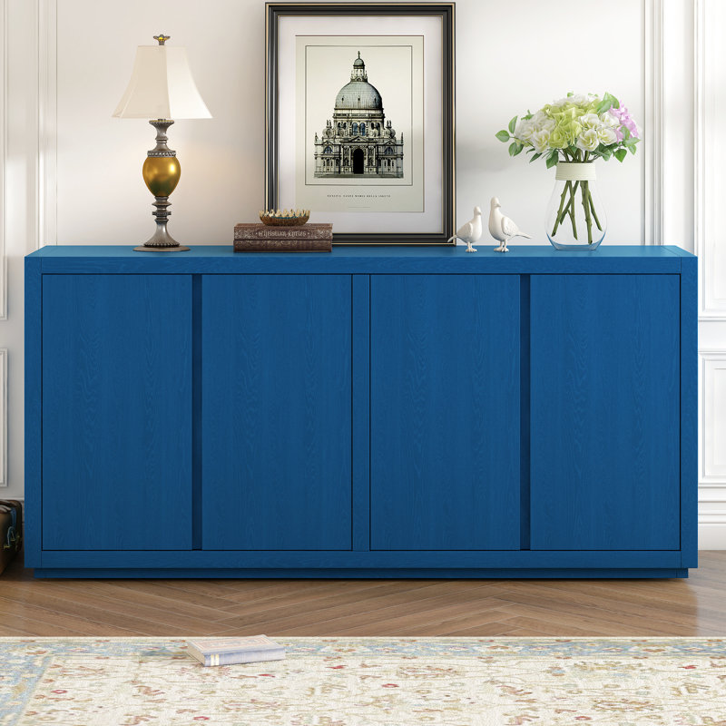 Console à quatre portes - Construction, tablettes réglables, bleu marine, buffet de couloir avec décoration sophistiquée et pratique pour le salon,