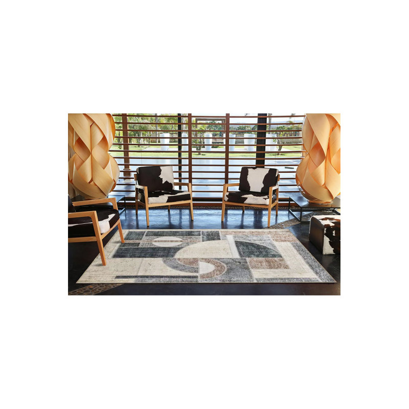 Beige Themed Abstract Geometric Pattern Modern Decorative Machine Washable Area Rug, Square 3'3"