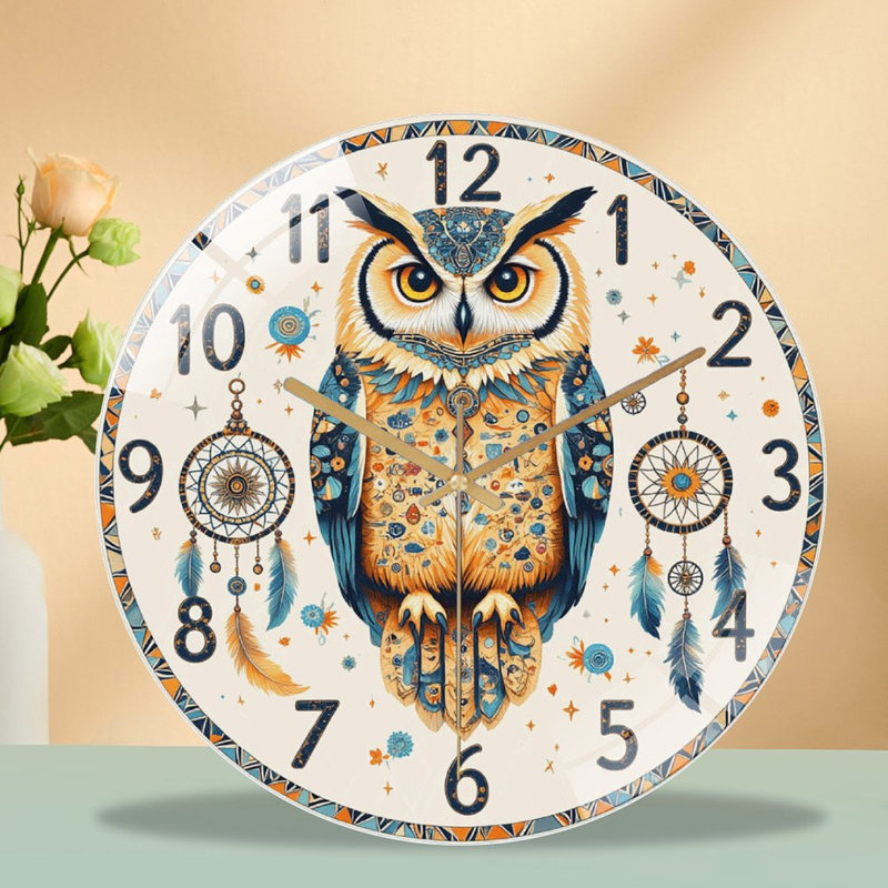 Horloge murale hibou avec attrape-rêves - art moderne 12 po
