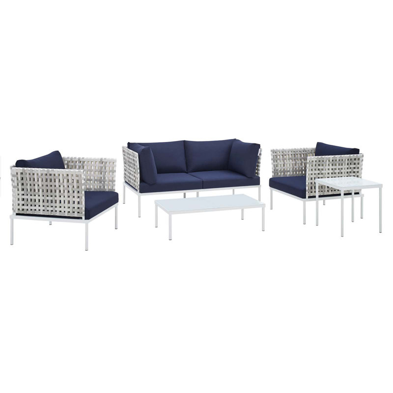 Ensemble de sièges de patio en aluminium à tissage panier de 5 pièces Harmony, Taupe, Toile bleu marine Sunbrella®