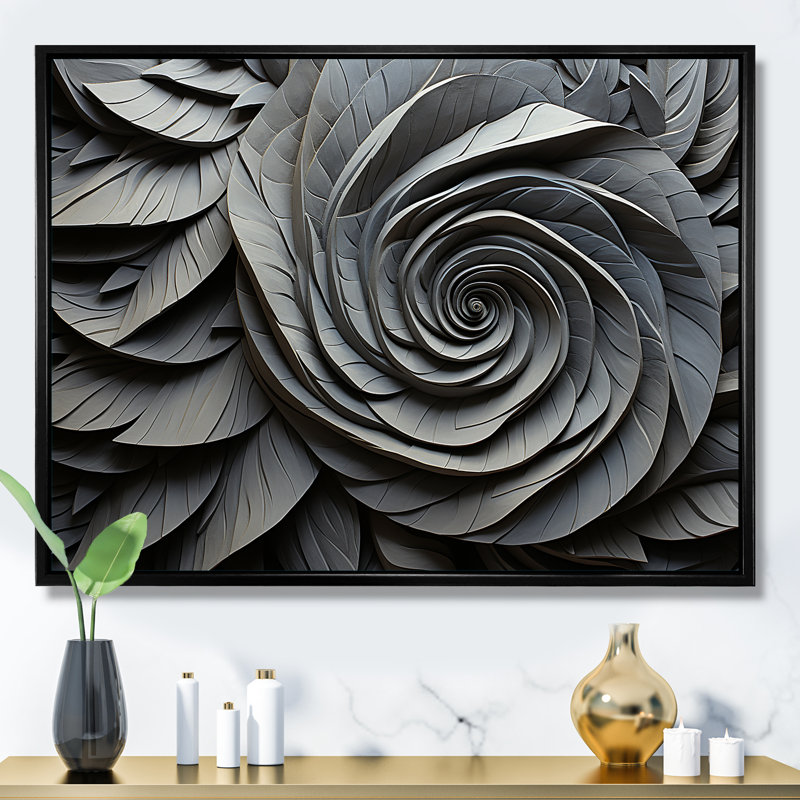 «Grey Spiraling Abstrract Flowers», art mural abstrait en spirale, Cadre flottant noir, H 12 po x l 20 po x P 1 po
