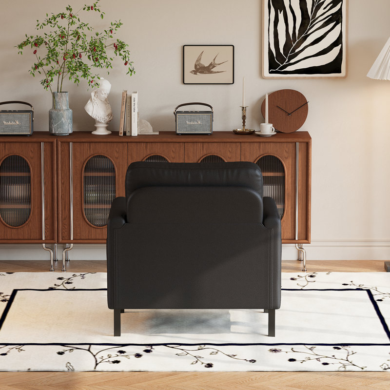Faux Leather Accent Chair With Metal Legs & Side Pocket, Black