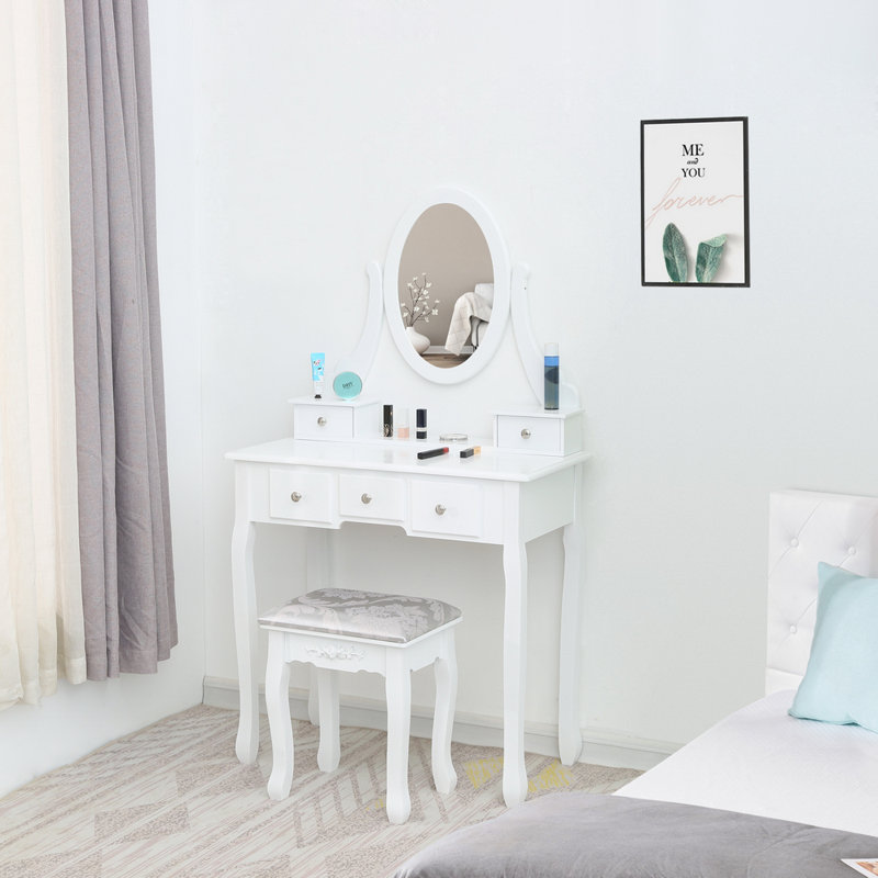 Coiffeuse 5 tiroirs à miroir simple blanc