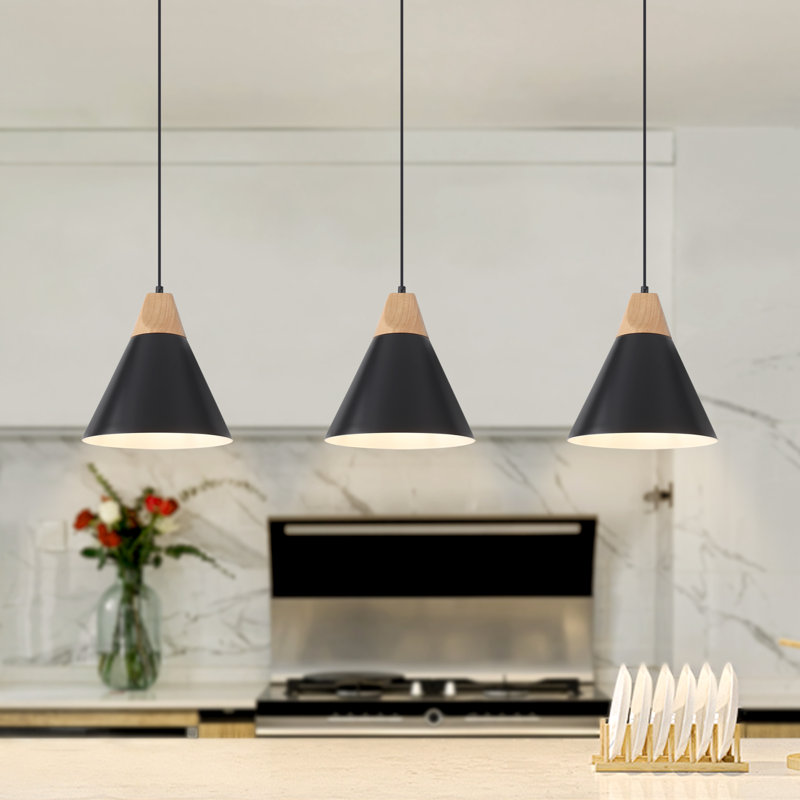 Hinsinger 3-Light 9.4“ Wide Single Cone Kitchen Island Pendant Light with Wood Accents, Black