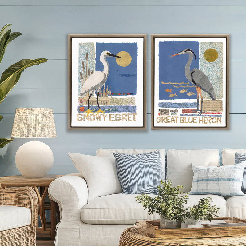 Ensemble de 2 cadres flottants Snowy Egret & Great Blue Heron, design par Nancy Overton, Cadre flottant orme Montalcino