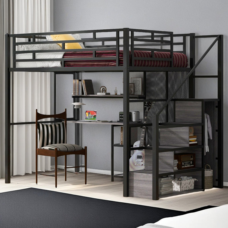 Lit mezzanine en métal avec garde-robe, bureau, tablettes de rangement, Noir, noir, noir, noir