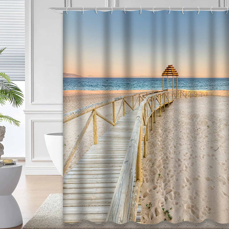Scène de plage en bois, côte, Espagne, paysage, sable méditerranéen, rivage avec 12 crochets, 72" L x 78" W