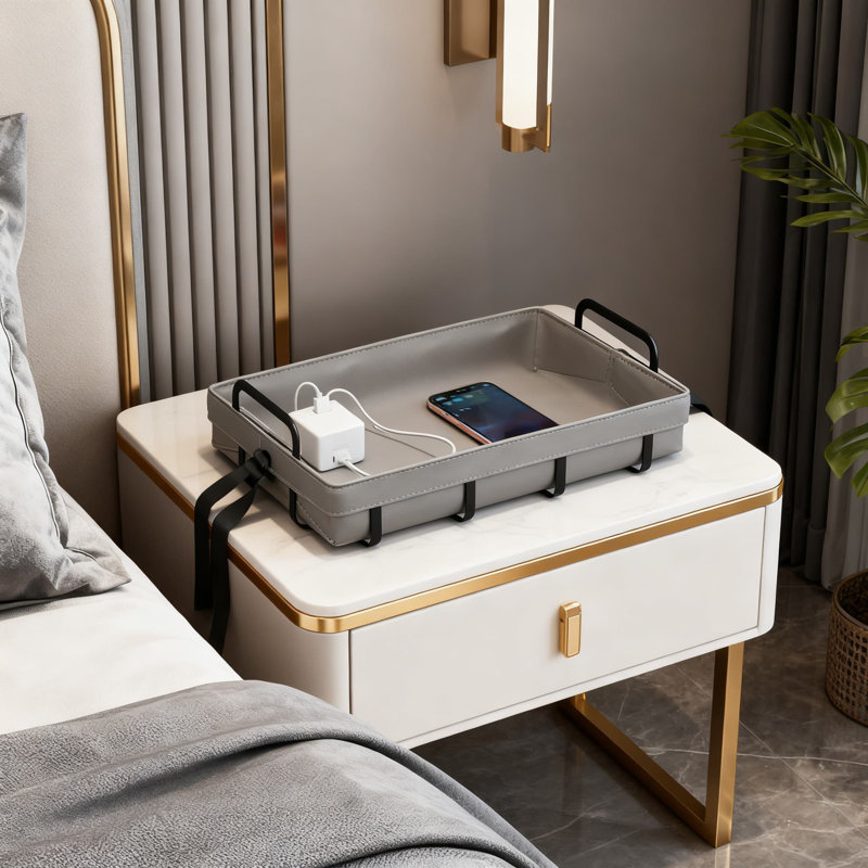 Large Grey, Leather Metal Handle Tray, Nordic-Style Coffee Table Tabletop For Storing Jewelry, Watches And Cosmetics, Multi-Functional Leather Storage Decoration, Iins Style, Waterproof, Stain-Resistant And Wear-Resistant
