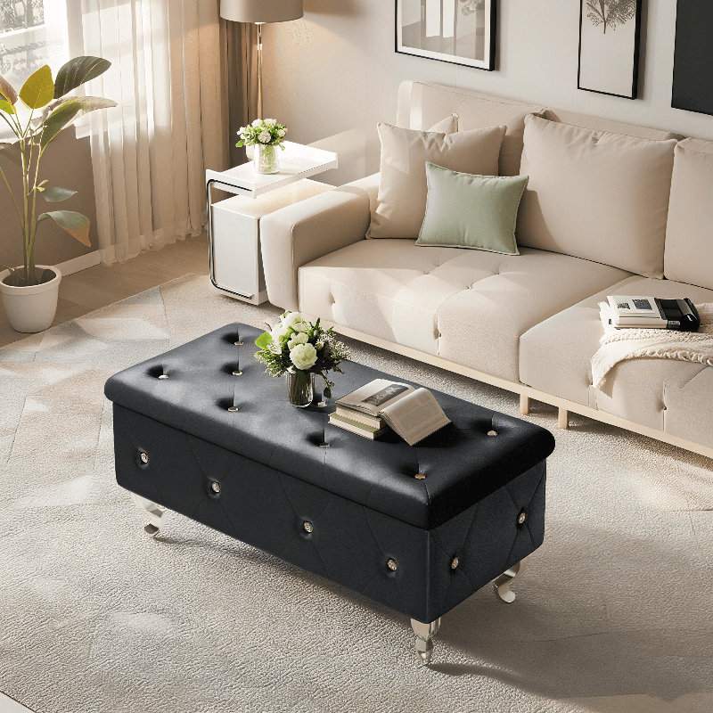 Storage Ottoman Bench For Bedroom, PU Leather Upholstered Rectangle Entryway Bench With Legs & Crystal Buttons, 37.4" Folding Storage Bench For  Living Room, Bedroom, End Of Bed, Entryway