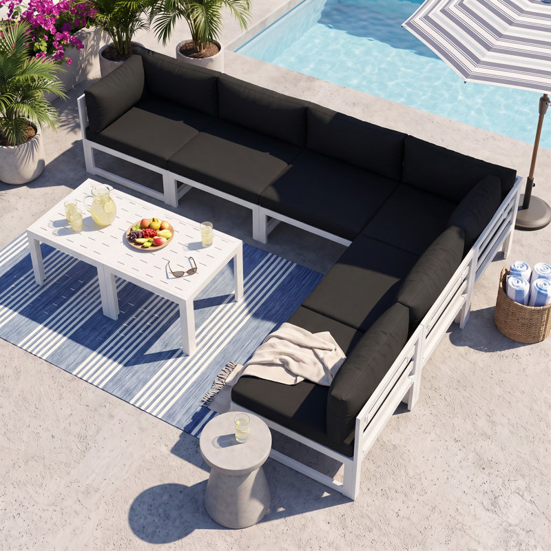 Ensemble de conversation modulaire d'extérieur en aluminium avec coussins et table basse 8 pièces Gilemette, Blanc