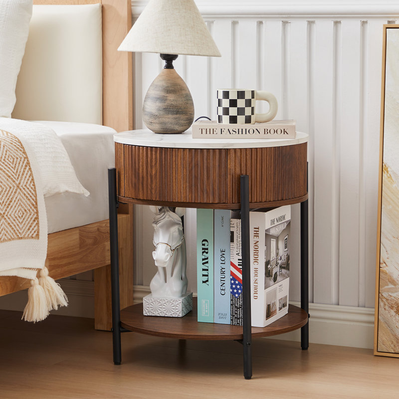 Marble Round End Table With Storage, Walnut, 1