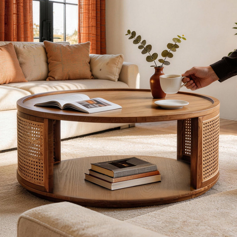 31.5'' Vintage Rattan Woden 2-tier Solid Brown Walnut Wood Round Coffee Table For Living Room&bedroom, Brown Wood