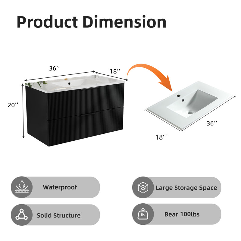 Meuble-lavabo 36 po avec lavabo en céramique, Noir, 36"