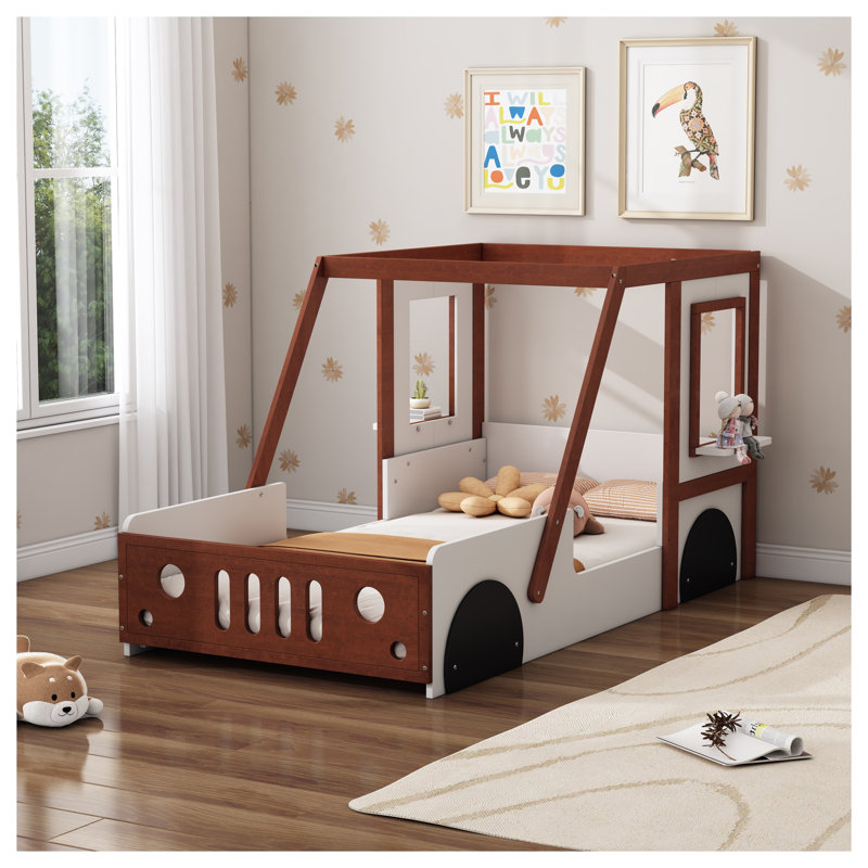 Lit voiture simple pour enfants, cadre de maison en bois massif et panneau de fibres à densité moyenne avec fenêtres ludiques, lit plateforme orange et blanc pour garçons et filles
