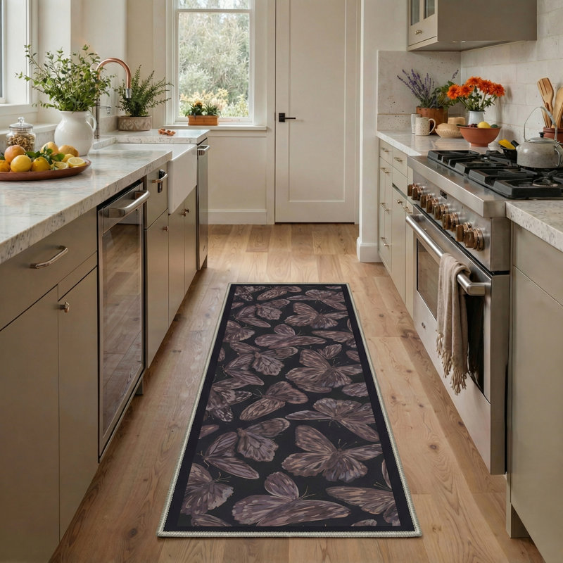 Aura Boho Butterflies Animal Print Machine Washable Purple / Black Indoor Area Rug with Non-Slip Backing, Runner 2' x 7'