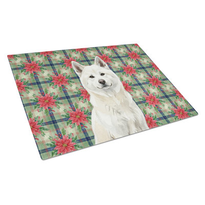 White Akita Christmas PoinsettIas Glass Cutting Board